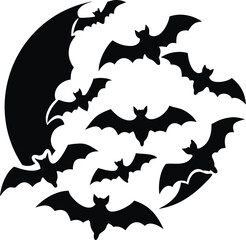 Silhouette of bats flying across a large full moon at night isolated on white background isolated on transparent background