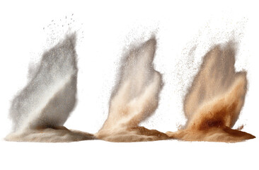 Obraz premium Three bursts of light brown, tan colored powder, rising in a dynamic, explosive fashion from a flat surface