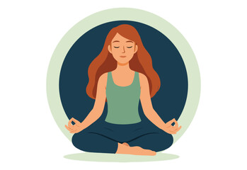 Illustration of a Meditating Woman Experiencing Mindfulness Serenity and Peaceful Relaxation, Practicing Yoga for Mental Wellbeing in a Lotus Position