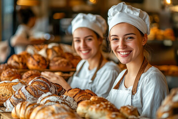 Two bakers smile while showcasing a variety of artisanal bread in a lively bakery filled with customers