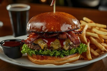 A succulent burger featuring melted cheese, crispy bacon strips, crisp lettuce and ripe tomato slices,  created by ai