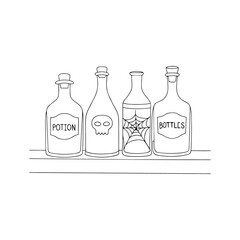 Four vintage glass bottles with labels arranged in a row isolated on white background isolated on transparent background