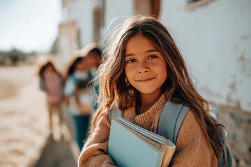 Cheerful young student with long brown hair holds academic materials while displaying genuine smile in bright classroom environment perfect for back to school campaigns and educational content