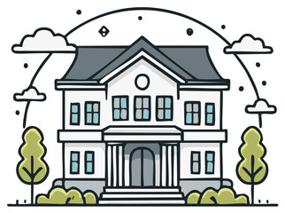 Whimsical doodle style illustration of a grand residential or public building with greenery