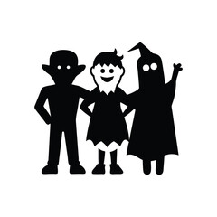 Three silhouetted children in halloween costumes standing together isolated on white background isolated on transparent background