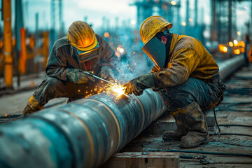 Two welders are focused on joining a large pipe as sparks fly, illuminated by twilight at a busy construction site