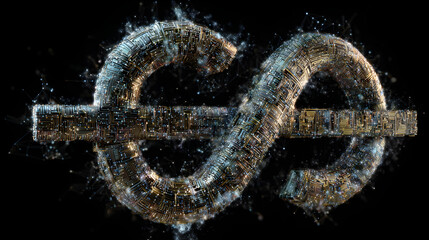 Abstract infinity symbol with circuit board texture against a black background with particles