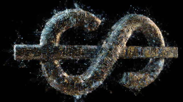 Abstract infinity symbol with circuit board texture against a black background with particles