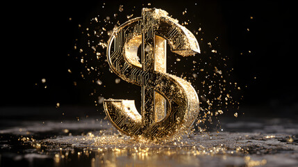 A golden dollar sign with circuit patterns and gold specks against a black background glittering brightly