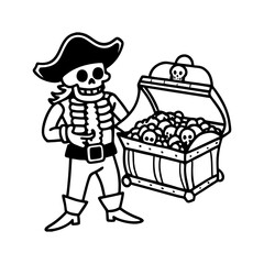 Skeleton pirate wearing a hat and coat standing next to an open treasure chest filled with skulls isolated on white background isolated on transparent background