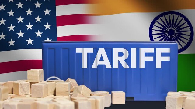 United States of America Vs India Tariff conflict concept 4K Footage with Container and blocks along waving flags. Business, trade, tariff war.