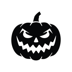 Sinister carved pumpkin face icon in black silhouette style. Scary jack-o'-lantern graphic perfect for Halloween party invitations or spooky holiday themes.