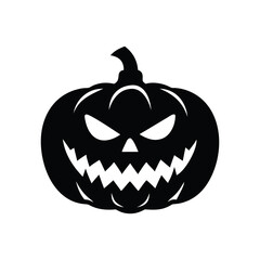 A spooky black silhouette of a carved halloween pumpkin with a menacing face isolated on white background isolated on transparent background