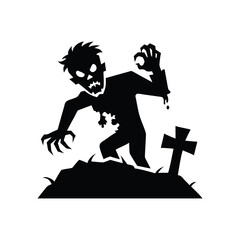 Silhouette of a menacing zombie emerging from the ground with a tombstone isolated on white background isolated on transparent background