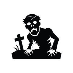 Silhouette of a terrifying zombie emerging from a graveyard with a cross isolated on white background isolated on transparent background