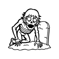 Creepy cartoon zombie crawling out of the ground next to a tombstone isolated on white background isolated on transparent background