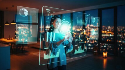 futuristic interface concept woman interacts holographic display modern home office tech data - Powered by Adobe