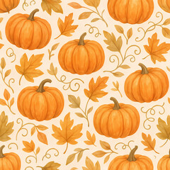 A seamless pattern of hand-drawn orange pumpkins and colorful autumn leaves with swirls.