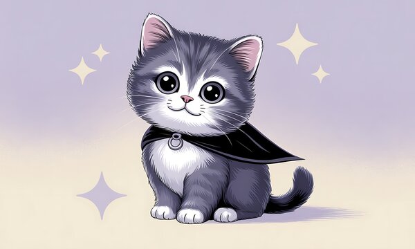 Cute grey kitten with big round eyes wearing a black superhero cape and collar, adorable cartoon illustration on pastel purple background with sparkles, mascot for children's books & pet products