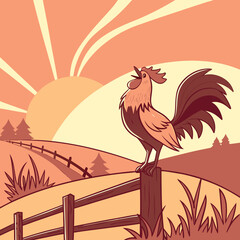 Vibrant illustration of a rooster crowing at sunrise, capturing early morning energy with warm colors and rural charm