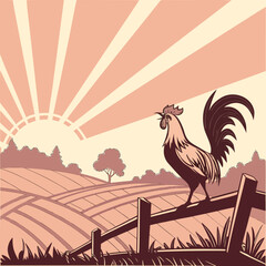 Vibrant illustration of a rooster crowing at sunrise, capturing early morning energy with warm colors and rural charm