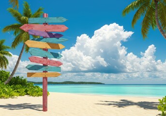 A colorful wooden pointer sign on a tropical beach surrounded by palm trees and turquoise ocean waves. Travel destination advertisement for tourism banner, poster, blog post with space.