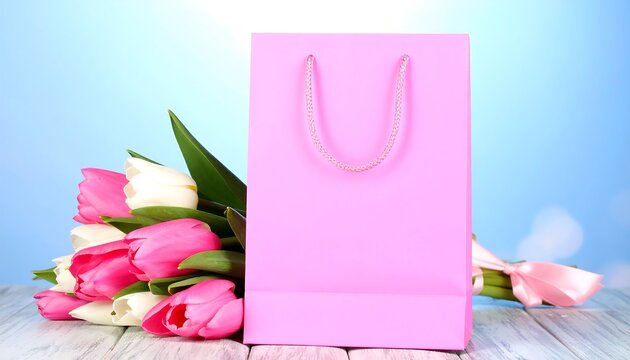 Pink gift bag with bouquet of tulips