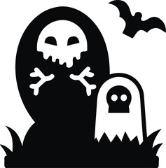Spooky cartoon ghost peeking from behind a gravestone illustration isolated on transparent background isolated on white background