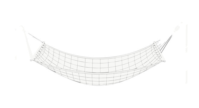 Minimalist Wireframe of a Suspended hammock with support structures and gentle curves for relaxation and leisure spaces emphasizing simplicity and