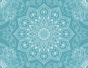 Traditional Kolam Art Motif, Seamless vector pattern of intricate Tamil Nadu kolam designs in white chalk on textured earthen background