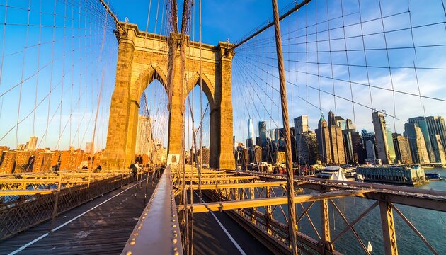 Fototapeta Golden hour view of the Brooklyn Bridge spanning the New York City skyline.