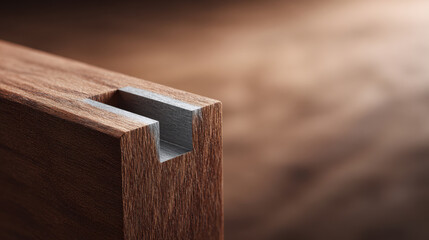 Wooden joint close up with smooth texture and precise cut showing craftsmanship and natural wood grain in warm lighting