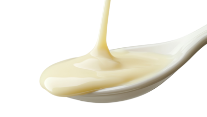 Condensed milk flowing down from a metal spoon isolated on a transparent background