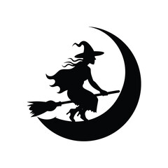 Silhouette of a witch flying on a broomstick against a crescent moon isolated on white background isolated on transparent background