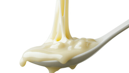 Condensed milk flowing down from a metal spoon isolated on a transparent background