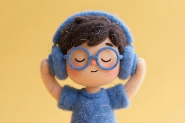 3D felted render of autistic child asian boy avatar in blue shirt with blue headphone eyes closed for autism awareness month promoting neurodiversity sensory comfort and inclusion