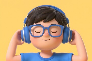 3D render of autistic child asian boy avatar in blue shirt with blue headphone eyes closed for autism awareness month promoting neurodiversity sensory comfort and inclusion