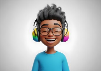 3d cartoon of smiling black autistic child boy avatar with rainbow noise cancelling headphone glasses for autism awareness day and month promoting neurodiversity inclusion joy brain health support