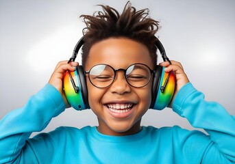 Smiling black autistic child boy avatar with rainbow noise cancelling headphone glasses for autism awareness day and month promoting neurodiversity inclusion joy brain health support