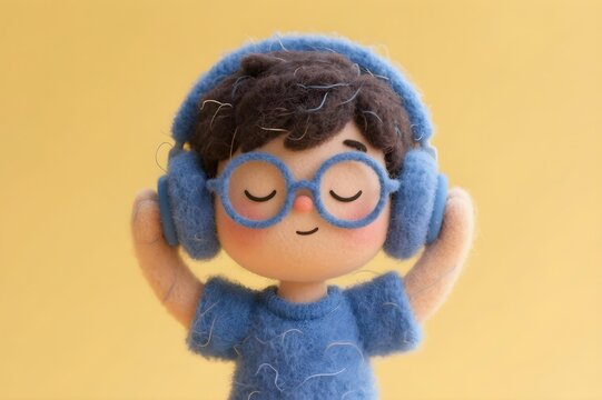 3D felted render of autistic child asian boy avatar in blue shirt with blue headphone eyes closed for autism awareness month promoting neurodiversity sensory comfort and inclusion - Powered by Adobe