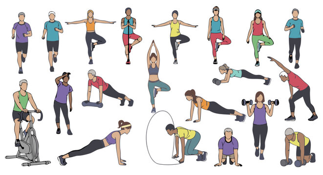 group of diverse people practicing various fitness exercises and yoga poses in a well-lit studio environment