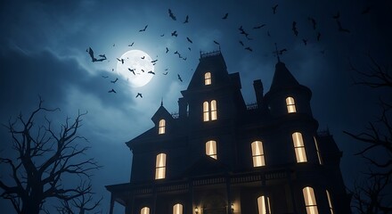 Eerie Victorian Haunted Mansion at Night with Glowing Windows Under Full Moon and Swirling Bats, Gothic Manor Silhouette for Halloween Horror, Spooky Exterior with Dramatic Moonlit Atmosphere