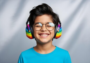 Smiling autistic child boy avatar with rainbow noise cancelling headphone glasses for autism awareness day and month promoting neurodiversity inclusion joy brain health support