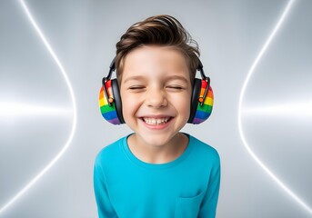 Smiling autistic child boy avatar with rainbow noise cancelling headphone glasses for autism awareness day and month promoting neurodiversity inclusion joy brain health support