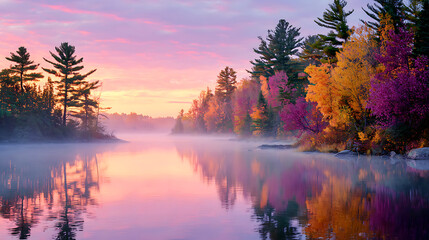 Serene autumn morning mist over a calm lake with colorful trees