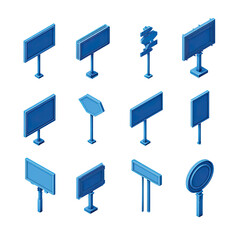 Isometric illustrations of various blue digital billboards and street signs.  Different shapes and orientations of display screens and posts are shown
