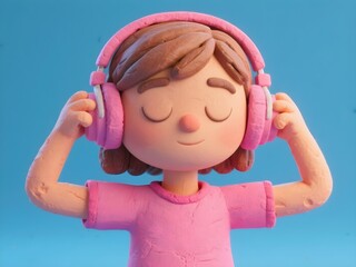 Clay 3D render of autistic child girl avatar in pink shirt with pink headphone eyes closed for autism awareness month promoting neurodiversity sensory comfort and inclusion