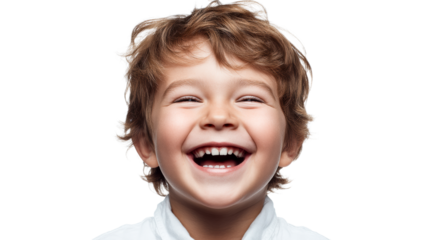 Young boy with wavy brown hair laughing heartily with mouth wide open