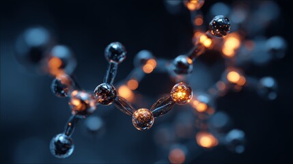 Molecular structure with glowing particles showcasing interactions at a microscopic level