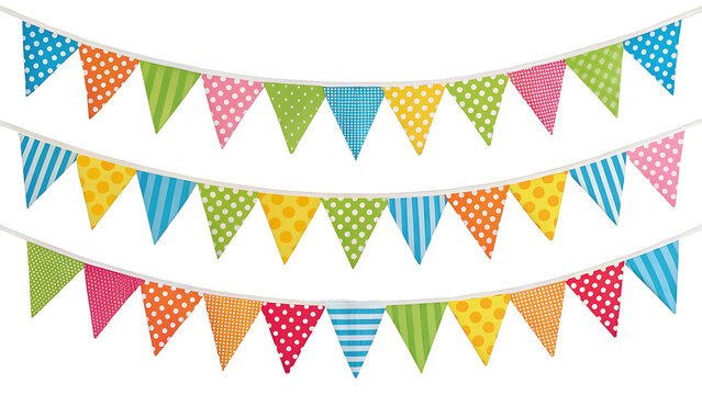 Colorful triangular pennant flags strung on a white cord creating festive decorative bunting for celebrations and parties